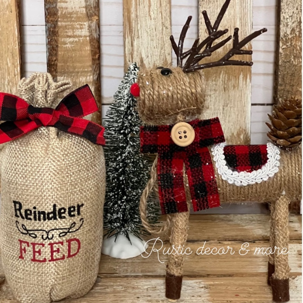 Christmas Reindeer Feed Sack Buffalo Check Set Rustic Farmhouse